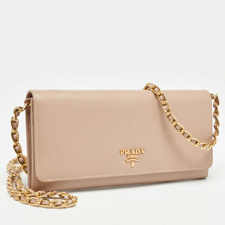 Pre Owned Prada Beige Saffiano Metal Leather Logo Flap Wallet On Chain