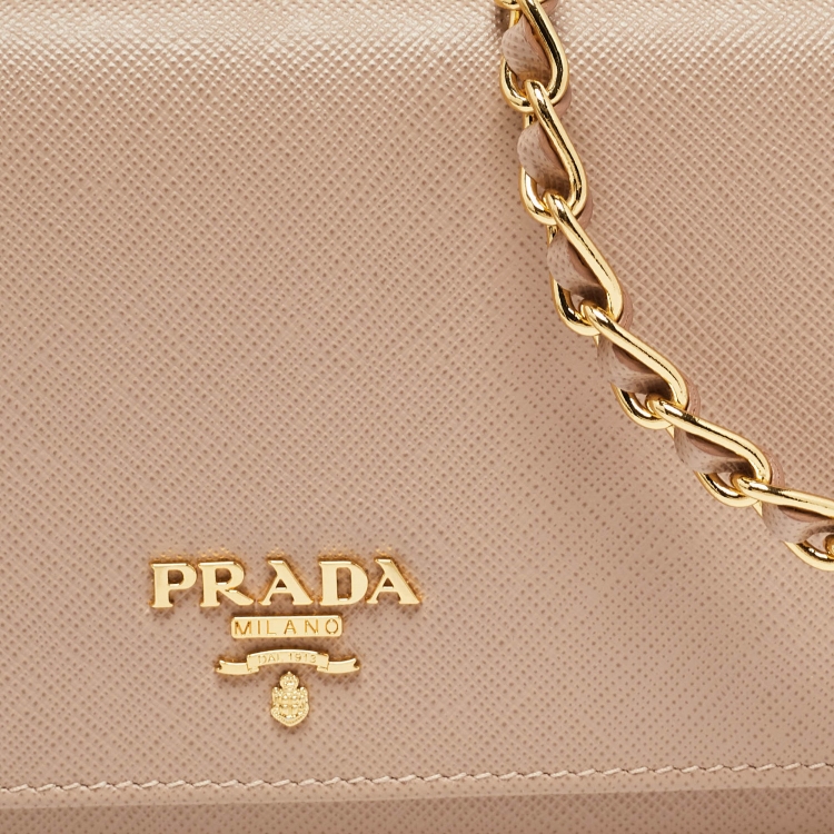 Pre Owned Prada Beige Saffiano Metal Leather Logo Flap Wallet On Chain