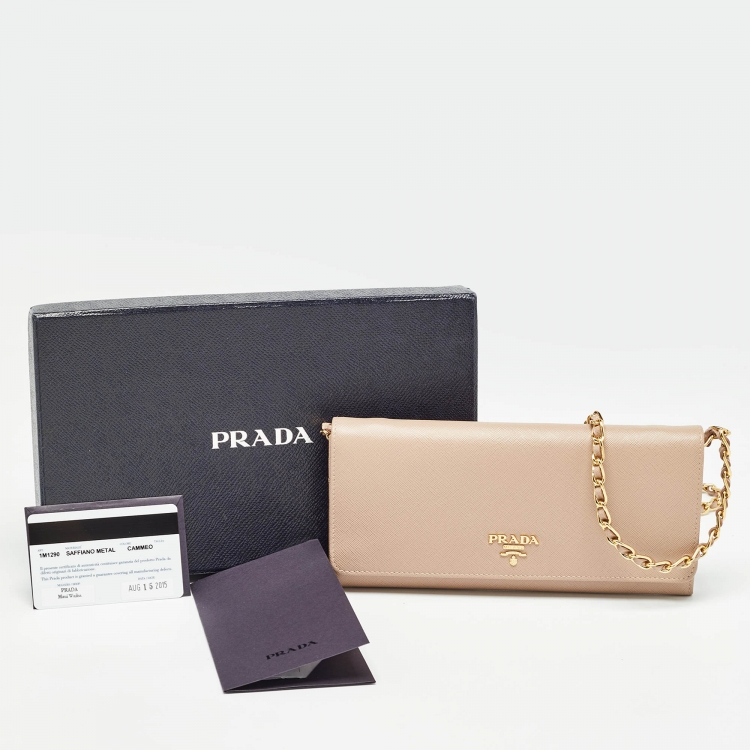 Pre Owned Prada Beige Saffiano Metal Leather Logo Flap Wallet On Chain