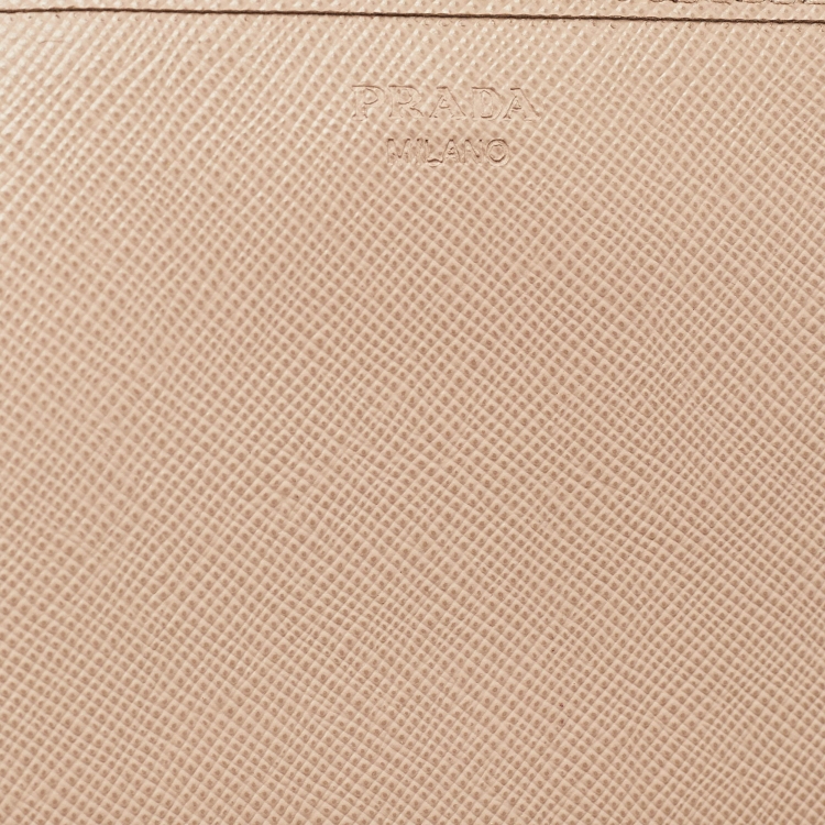 Pre Owned Prada Beige Saffiano Metal Leather Logo Flap Wallet On Chain