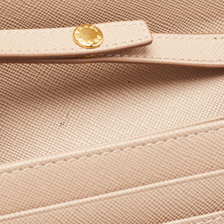 Pre Owned Prada Beige Saffiano Metal Leather Logo Flap Wallet On Chain