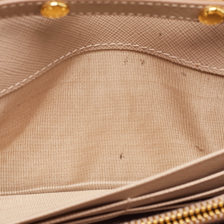 Pre Owned Prada Beige Saffiano Metal Leather Logo Flap Wallet On Chain