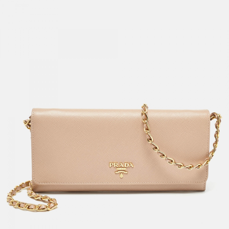 Pre Owned Prada Beige Saffiano Metal Leather Logo Flap Wallet On Chain