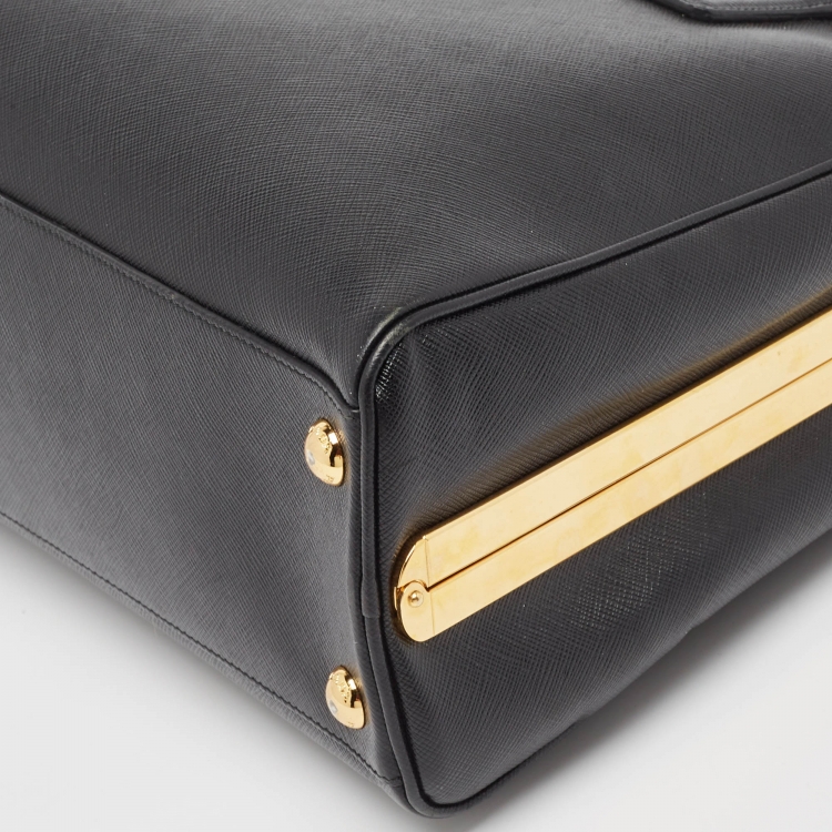Pre Owned Prada Black Saffiano Lux Leather Pyramid Frame Satchel