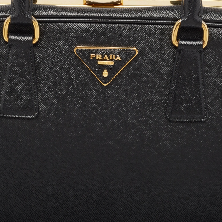 Pre Owned Prada Black Saffiano Lux Leather Pyramid Frame Satchel