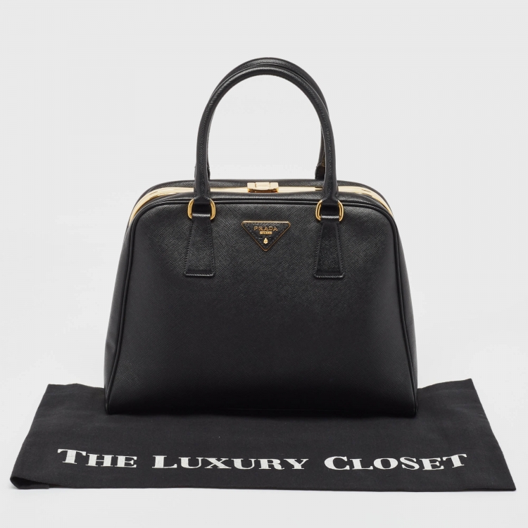Pre Owned Prada Black Saffiano Lux Leather Pyramid Frame Satchel