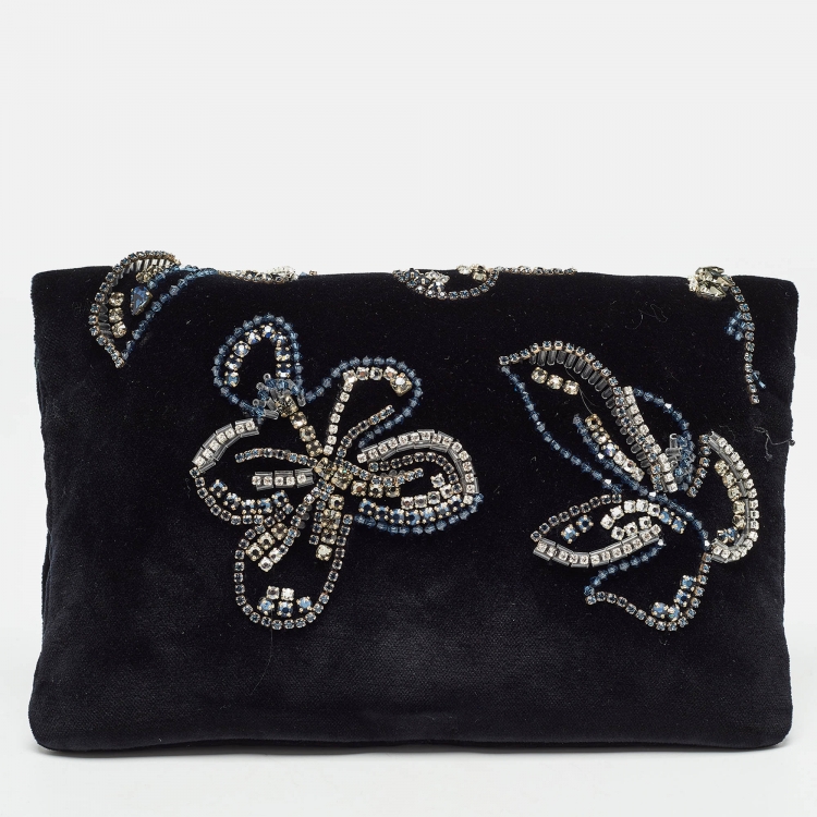 Pre Owned Prada Black Velvet Crystals Embellished Fold Over Clutch
