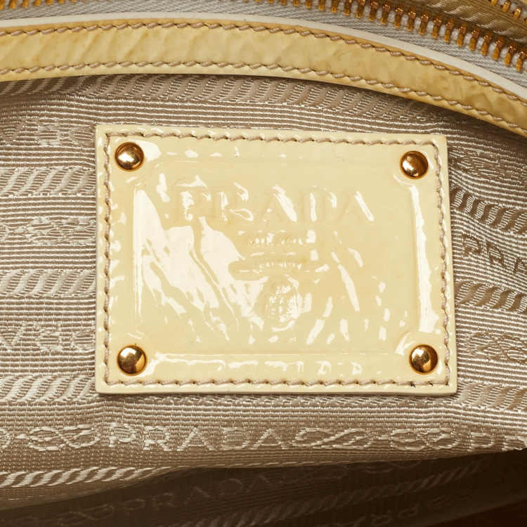Pre Owned Prada Light Yellow/Cream Nylon and Patent Leather Crystals Embellished Tote