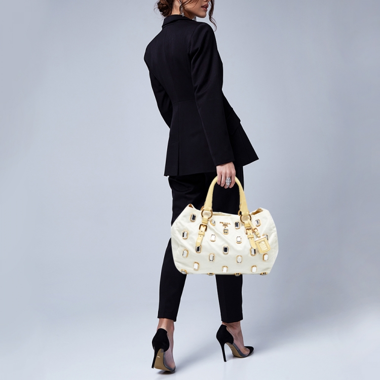 Pre Owned Prada Light Yellow/Cream Nylon and Patent Leather Crystals Embellished Tote