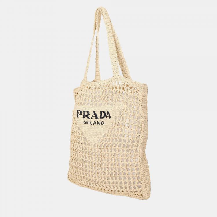 Pre Owned Prada Beige Raffia Crochet Tote Bag