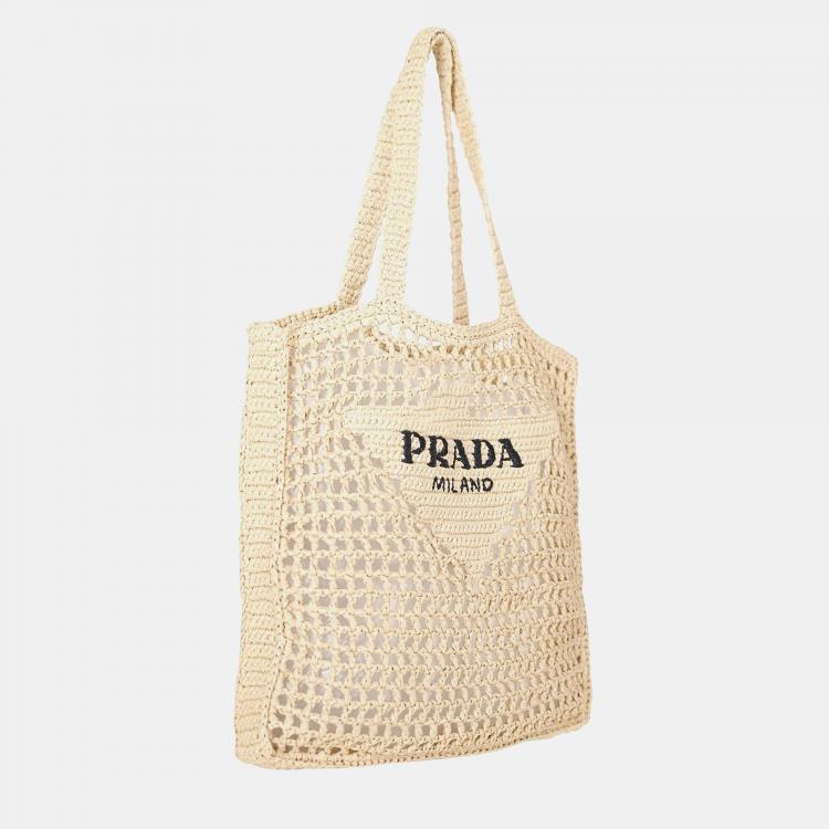 Pre Owned Prada Beige Raffia Crochet Tote Bag