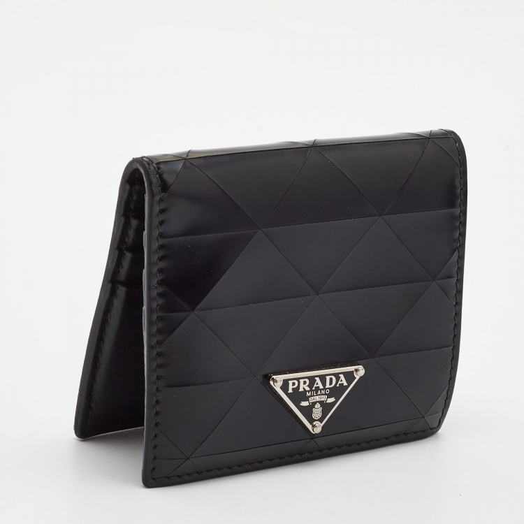 Pre Owned Prada Black Glossy Triangle Quilt Leather Flap Card Case 