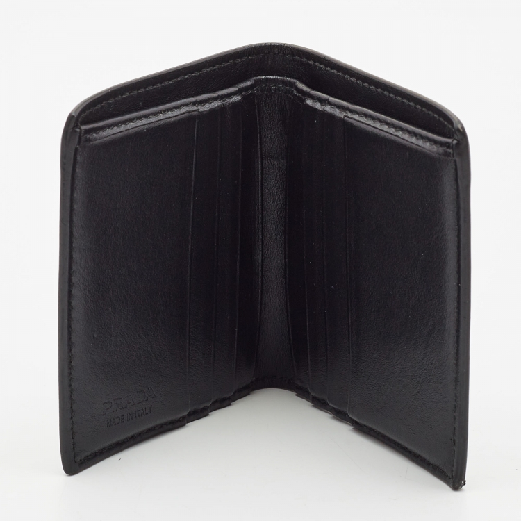 Pre Owned Prada Black Glossy Triangle Quilt Leather Flap Card Case 