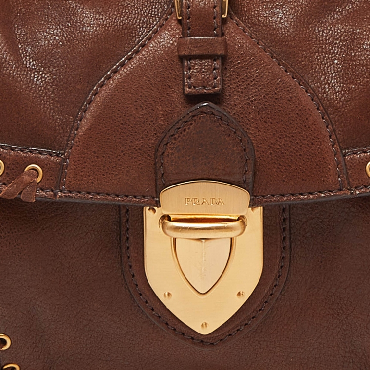 Pre Owned Prada Brown Leather Whipstitch Grommet Baguette Bag