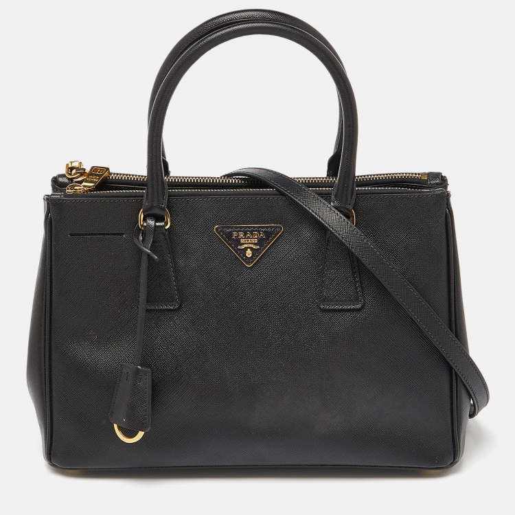 Pre Owned Prada Black Saffiano Lux Leather Medium Double Zip Tote