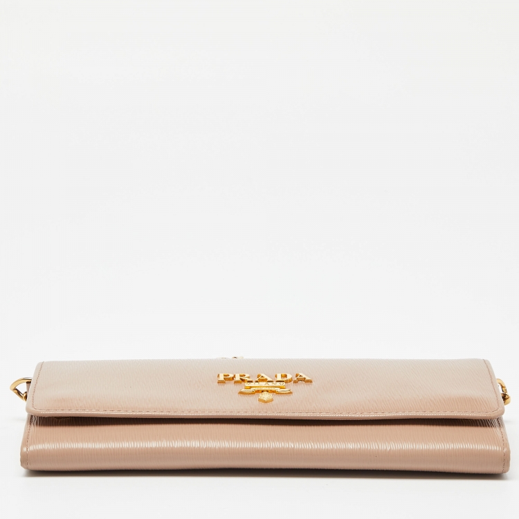 Pre Owned Prada Beige Vitello Move Leather Wallet on Chain