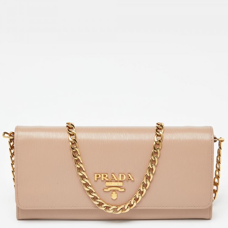 Pre Owned Prada Beige Vitello Move Leather Wallet on Chain