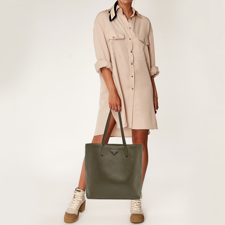 Prada Olive Green Saffiano Cuir Leather Triangle Logo Tote Prada