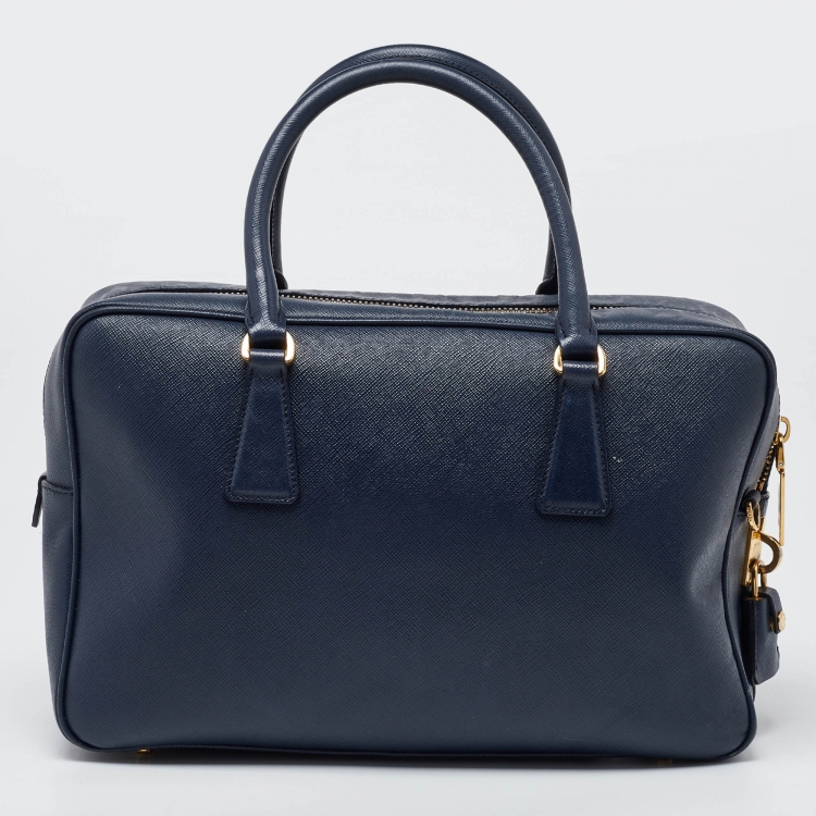 Pre Owned Prada Blue Saffiano Lux Leather Boston Bag