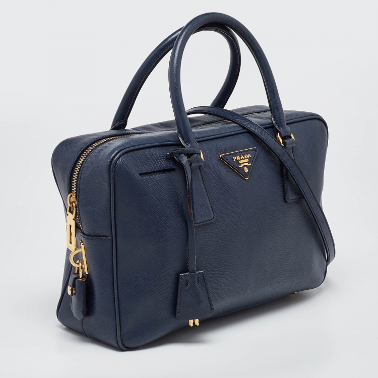Pre Owned Prada Blue Saffiano Lux Leather Boston Bag