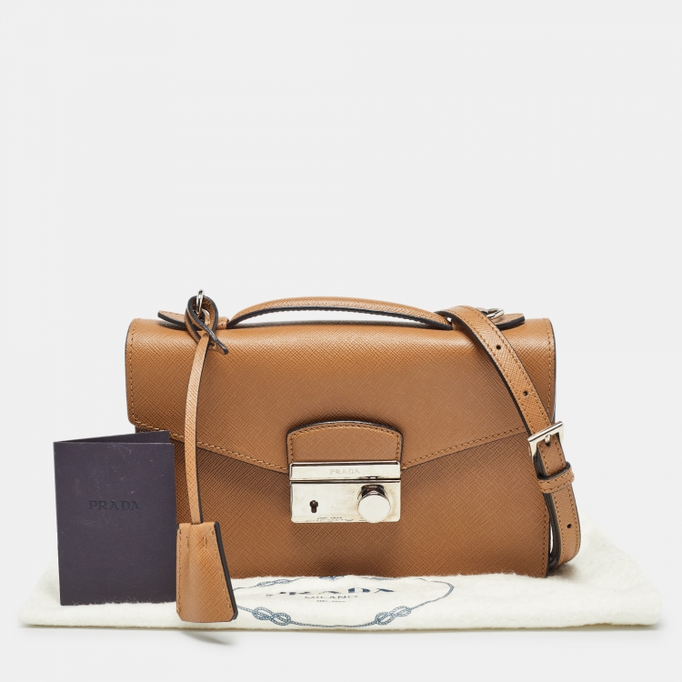 Pre Owned Prada Brown Saffiano Lux Leather Sound Flap Top Handle Bag