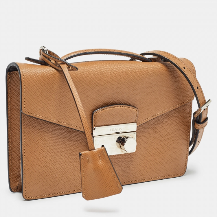 Pre Owned Prada Brown Saffiano Lux Leather Sound Flap Top Handle Bag