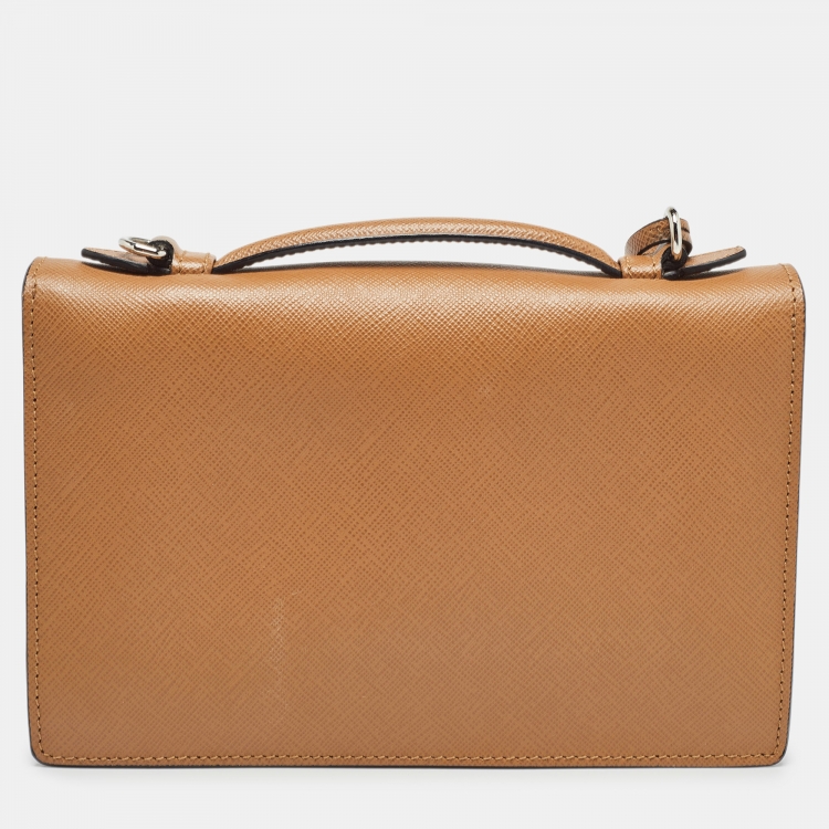 Pre Owned Prada Brown Saffiano Lux Leather Sound Flap Top Handle Bag