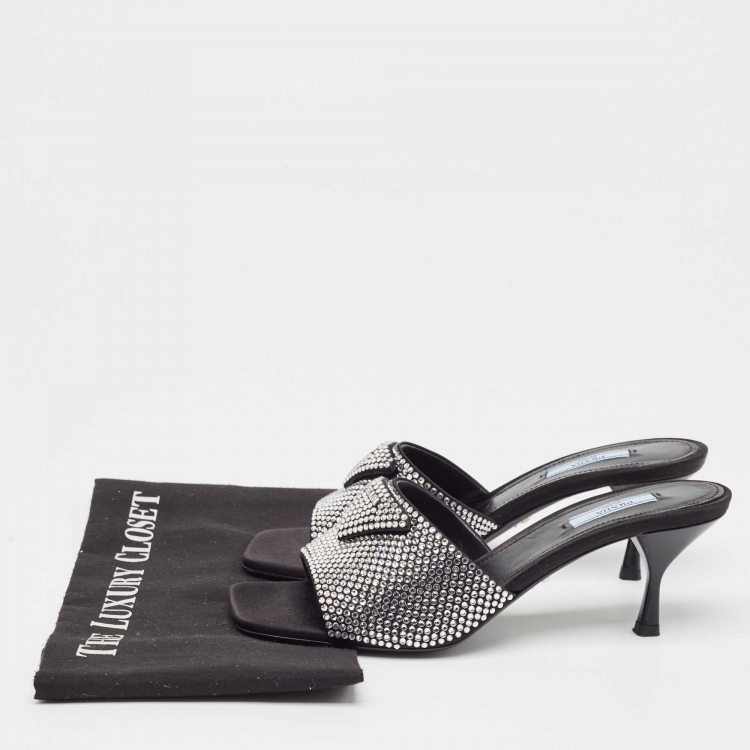 Pre Owned Prada Black Satin Crystal Embellished Slide Sandals Size 40