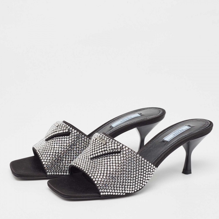Pre Owned Prada Black Satin Crystal Embellished Slide Sandals Size 40