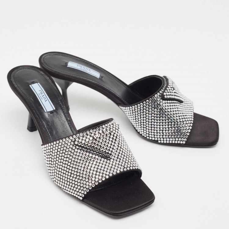 Pre Owned Prada Black Satin Crystal Embellished Slide Sandals Size 40