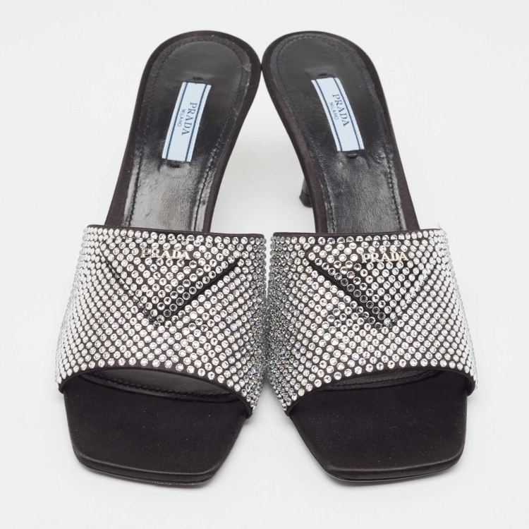 Pre Owned Prada Black Satin Crystal Embellished Slide Sandals Size 40