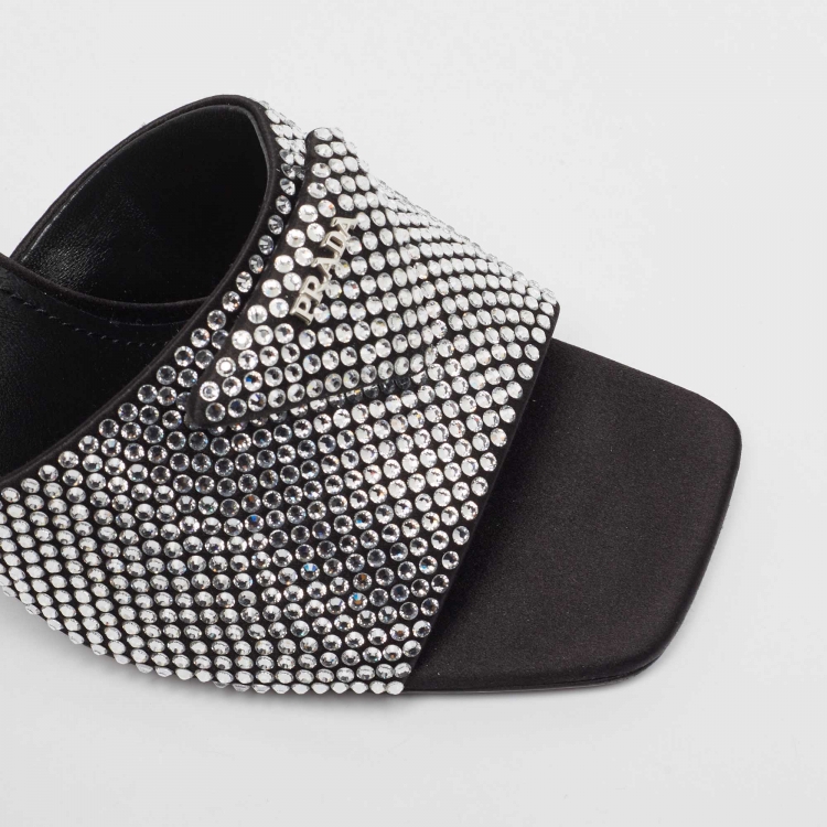 Pre Owned Prada Black Satin Crystal Embellished Slide Sandals Size 40