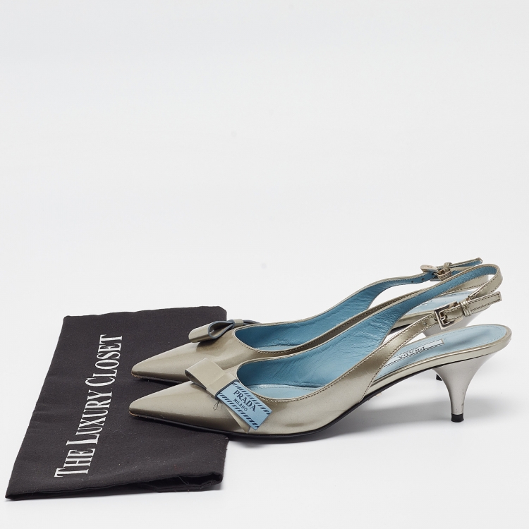 Pre Owned Prada Grey Patent Leather Bow Slingback Pumps Size 37