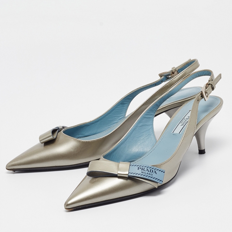 Pre Owned Prada Grey Patent Leather Bow Slingback Pumps Size 37