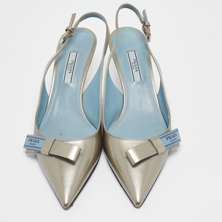 Pre Owned Prada Grey Patent Leather Bow Slingback Pumps Size 37