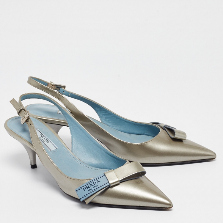 Pre Owned Prada Grey Patent Leather Bow Slingback Pumps Size 37