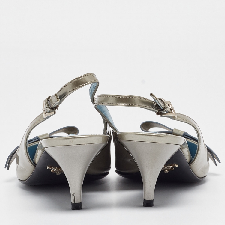 Pre Owned Prada Grey Patent Leather Bow Slingback Pumps Size 37