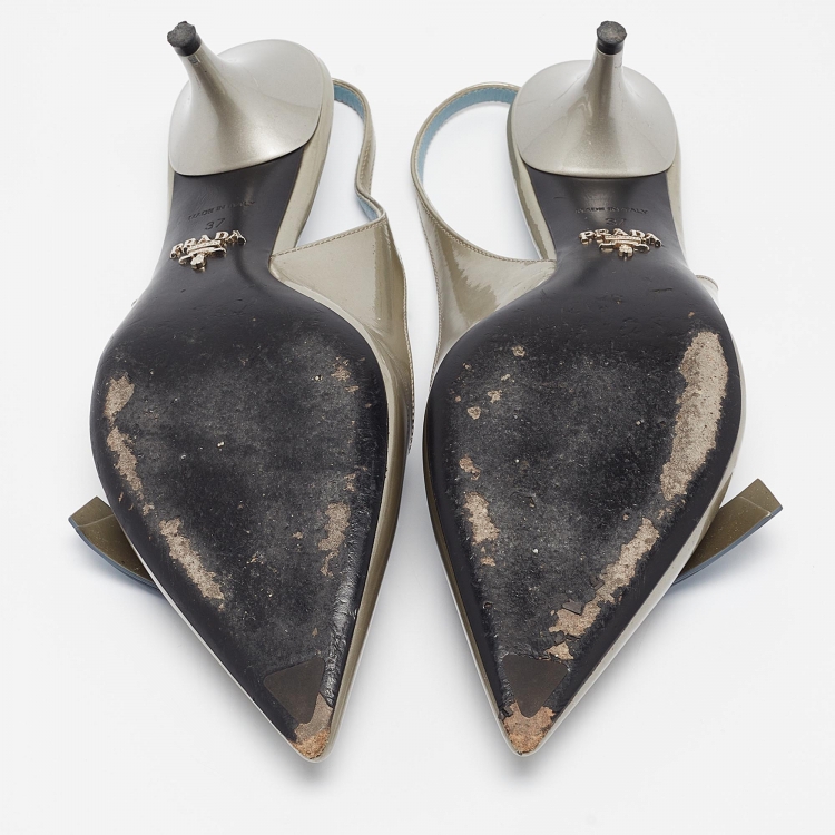 Pre Owned Prada Grey Patent Leather Bow Slingback Pumps Size 37