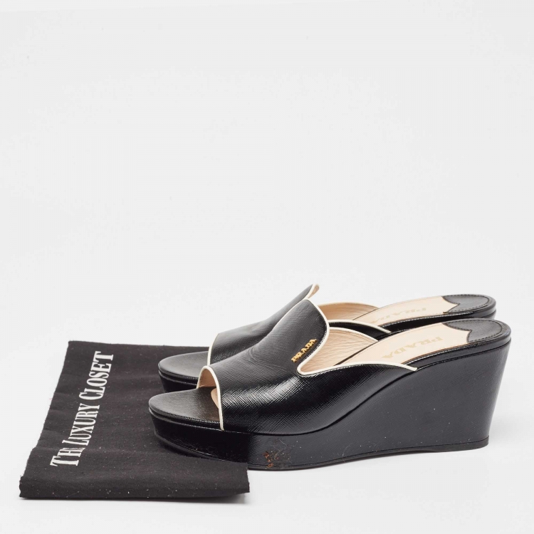 Pre Owned Prada Black Leather Wedge Slide Sandals Size 40