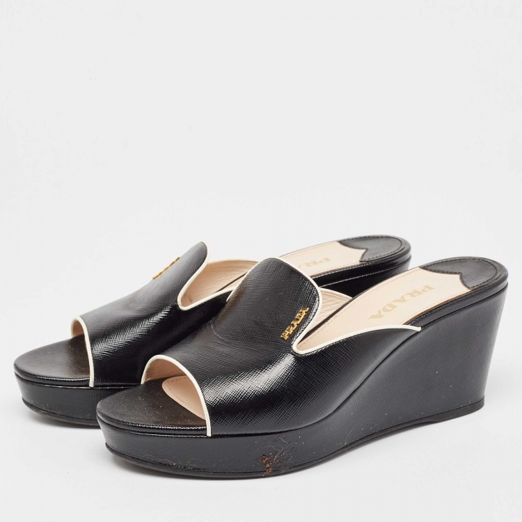Pre Owned Prada Black Leather Wedge Slide Sandals Size 40