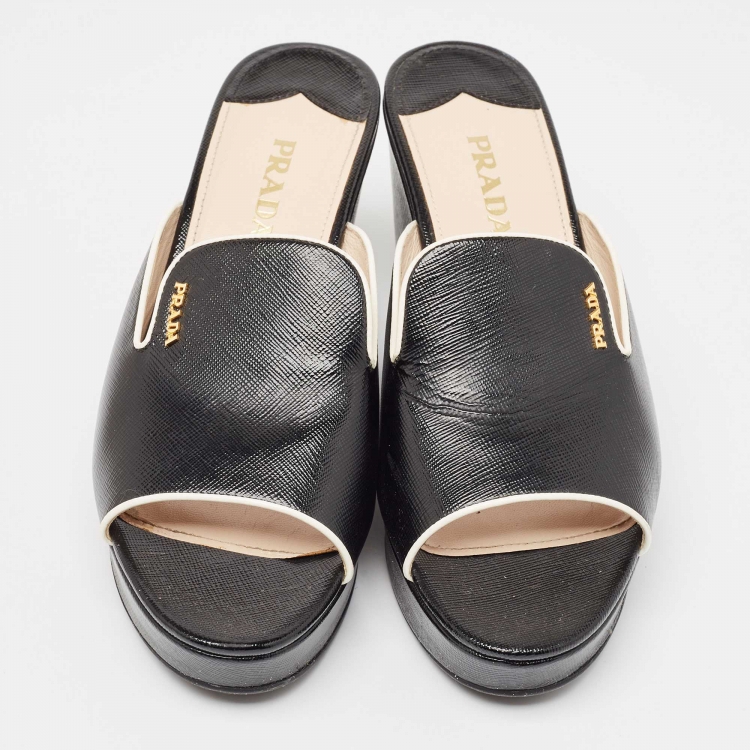 Pre Owned Prada Black Leather Wedge Slide Sandals Size 40