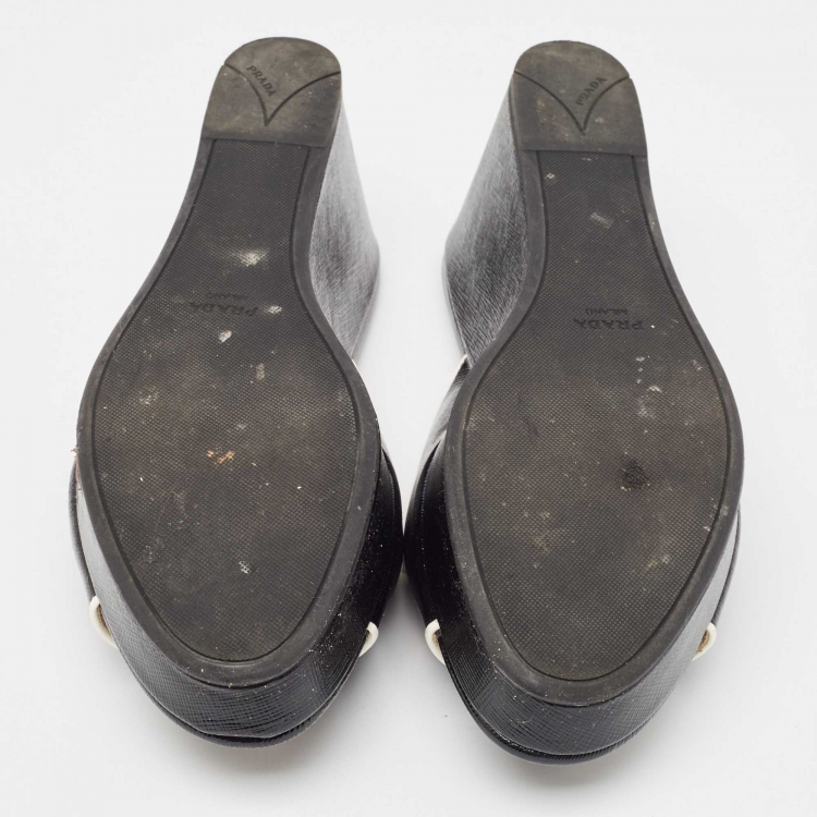 Pre Owned Prada Black Leather Wedge Slide Sandals Size 40
