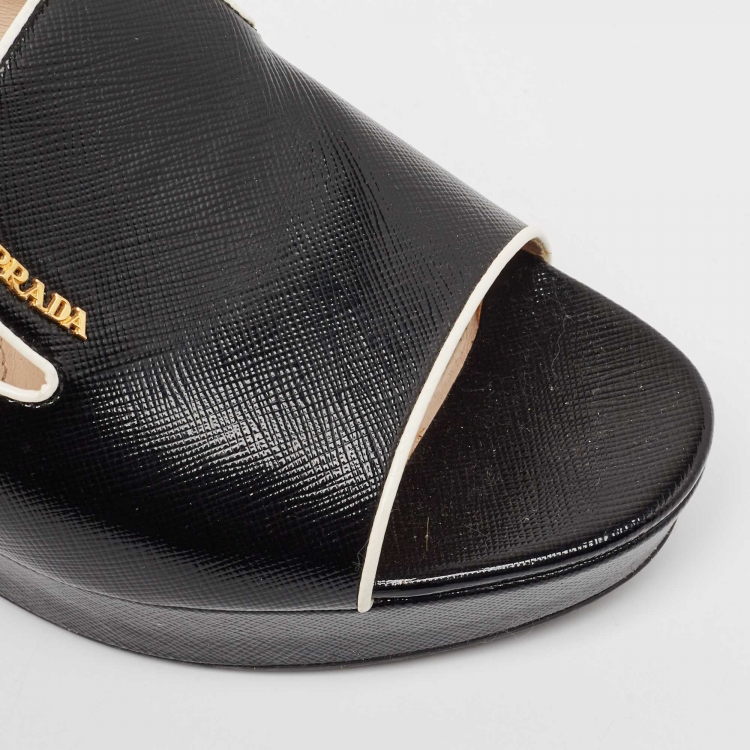 Pre Owned Prada Black Leather Wedge Slide Sandals Size 40
