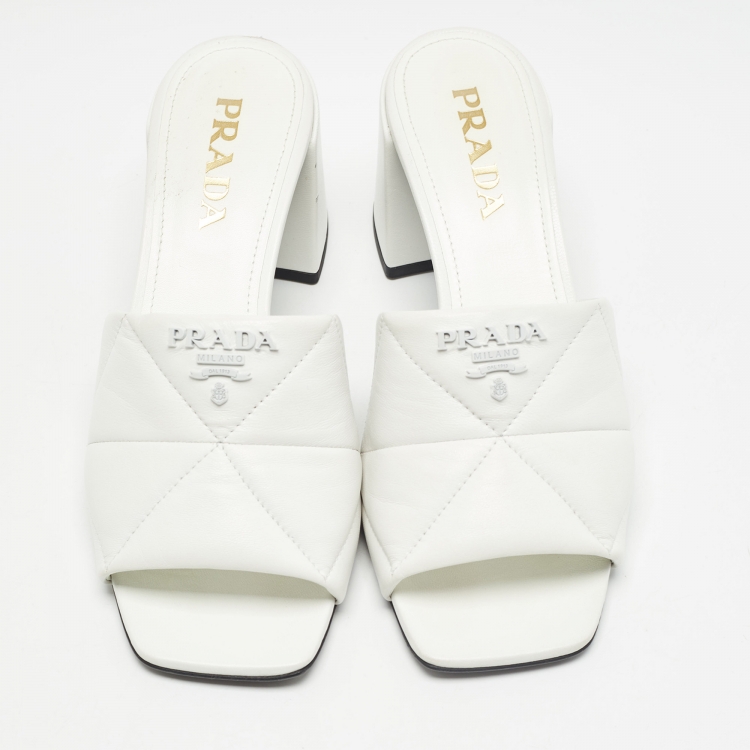 Pre Owned Prada White Quilted Leather Slide Sandals Size 37.5