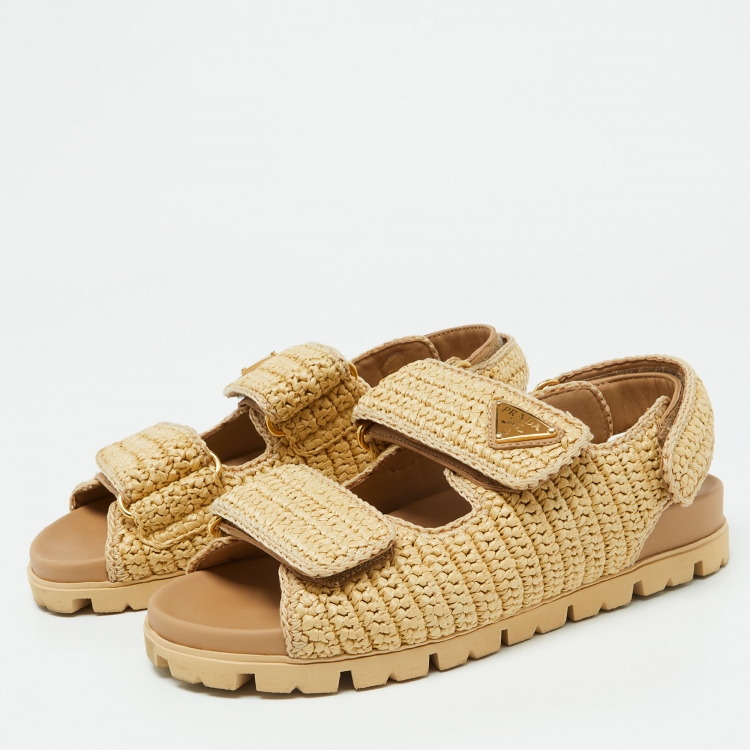 Pre Owned Prada Beige Raffia Logo-Plaque Velcro Slingback Sandals Size 37