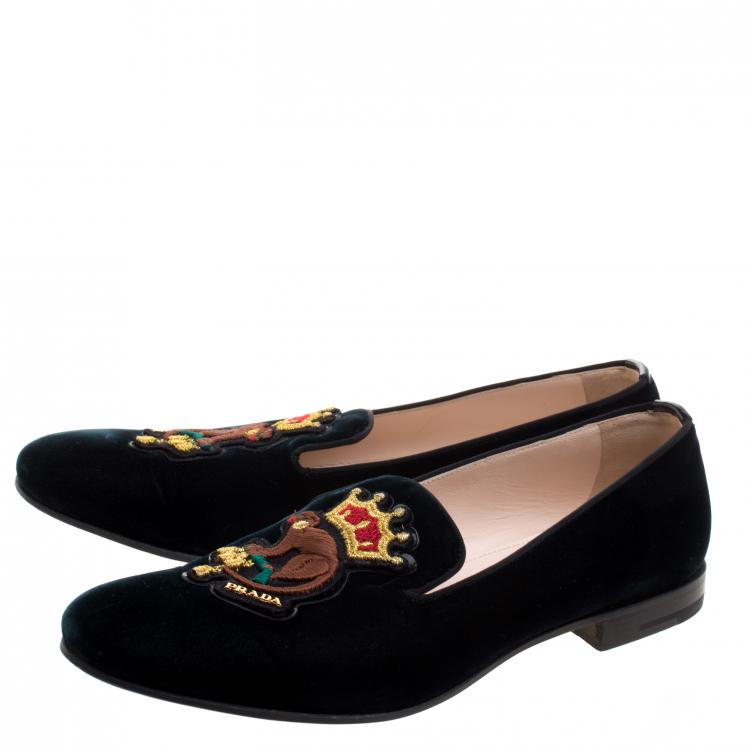 Pre Owned Prada Green Velvet Monkey Embroidered Smoking Slippers Size 39