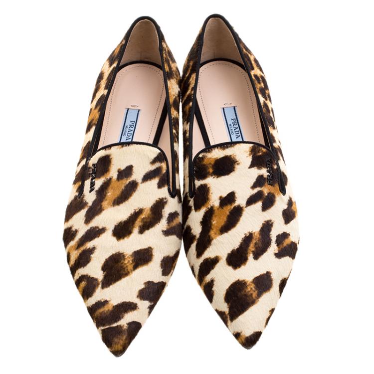 Pre Owned Prada Leopard Print Calf Hair Smoking Slippers Size 36.5
