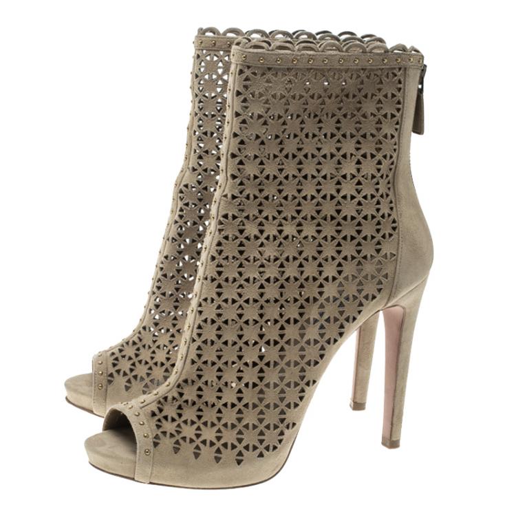 Pre Owned Prada Beige Suede Laser Cut Peep Toe Boots Size 39.5