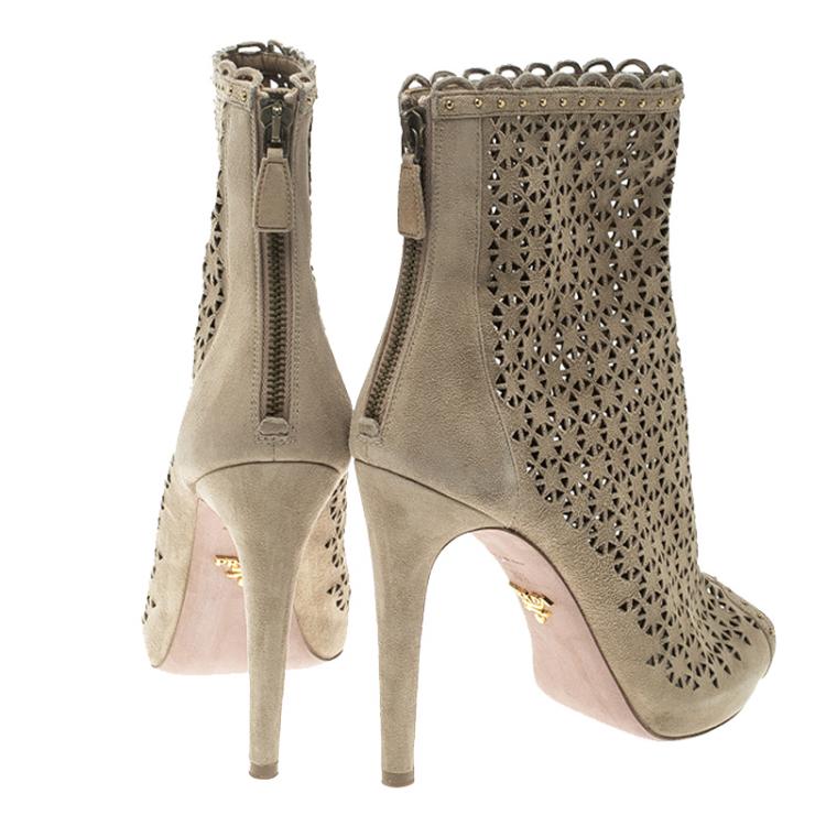 Pre Owned Prada Beige Suede Laser Cut Peep Toe Boots Size 39.5