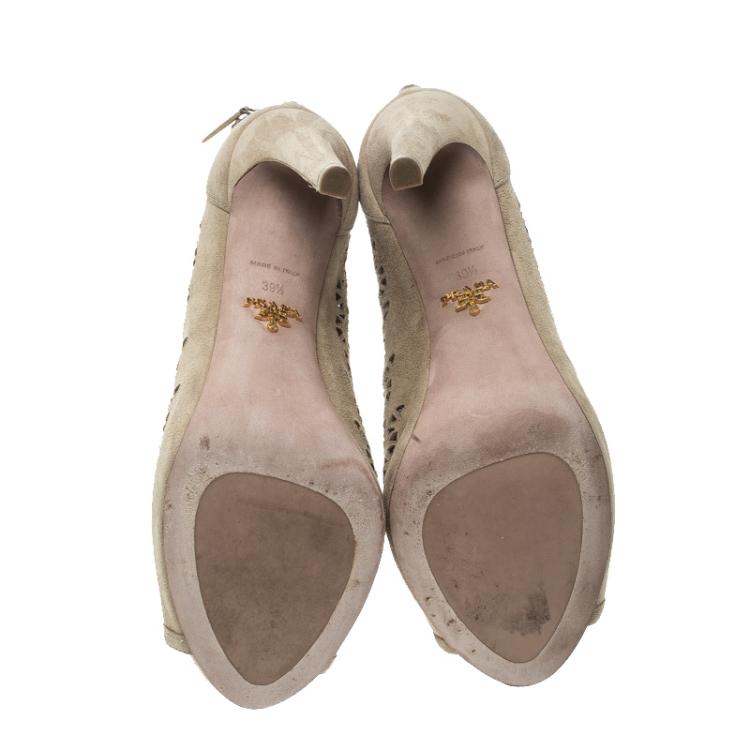 Pre Owned Prada Beige Suede Laser Cut Peep Toe Boots Size 39.5